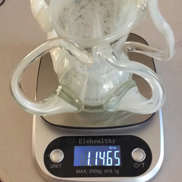 5” tall Handblown vintage one-of-a-kind white milky clear metal fleck heavy vase - Picture 4 of 17